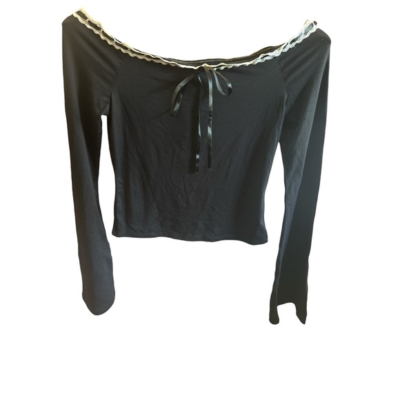 just polly Tops - Just Polly Women’s Medium Black Long-Sleeve Off-Shoulder Top with Lace Trim NWT